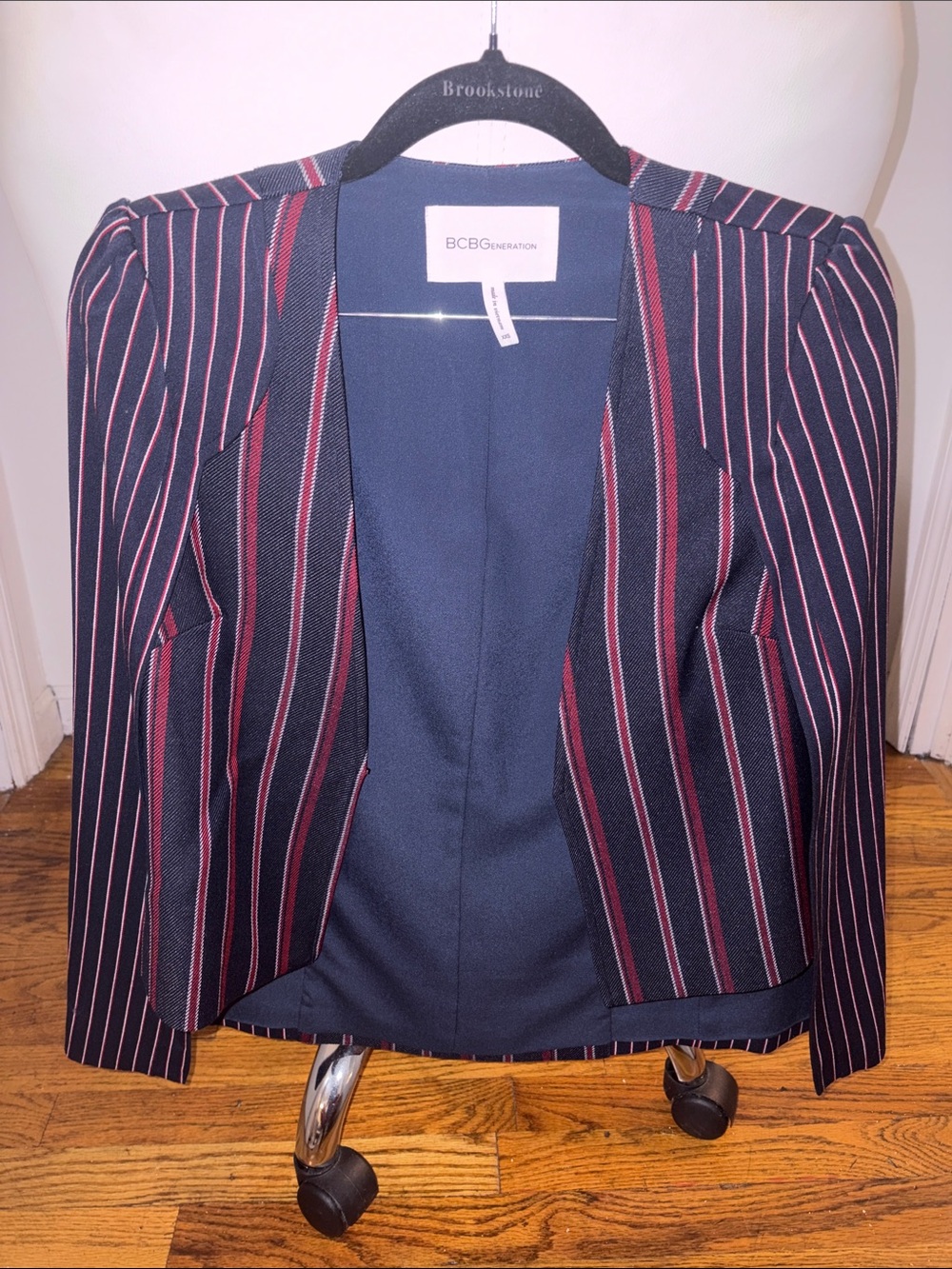 BCBGeneration Navy Blazer with Burgundy Pinstripes
